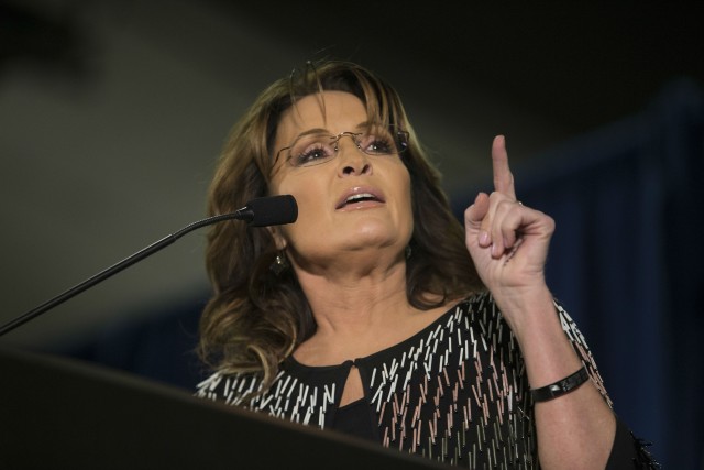 Former Alaska Gov. Sarah Palin speaks at Hansen Agriculture Student Learning Center at Iowa State University on January 19, 2016 in Ames, Iowa