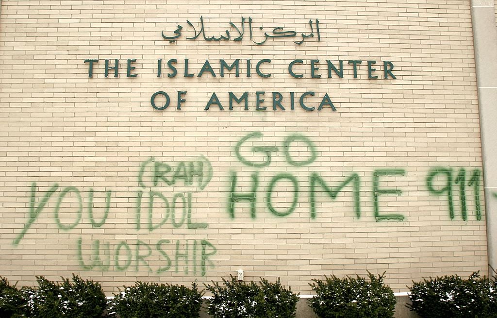 Anti-Muslim graffiti defaces a shi'ite mosque at the Islamic Center of America in Dearborn, Michigan. (Getty Images)
