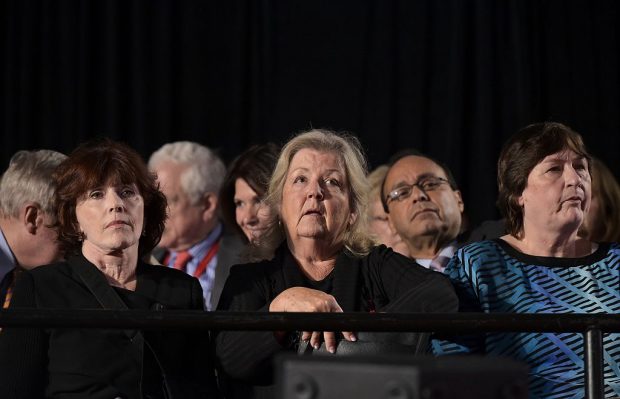 Bill Clinton accusers Kathleen Willey (L), Juanita Broaddrick (C) and rape victim Kathy Shelton are seated for the second presidential debate between Republican presidential nominee Donald Trump and Democratic contender Hillary Clinton at Washington University in St. Louis, Missouri on October 9, 2016