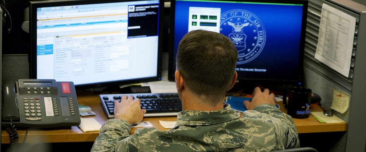 A U.S. Air Force airman works at the 561st Network Operations Squadron (NOS) at Petersen Air Force Base in Colorado Springs, Colorado July 20, 2015.  The 561st NOS executes defensive cyber operations in response to U.S. Cyber Command orders and intelligence based threats.    REUTERS/Rick Wilking.