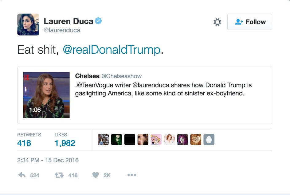Lauren Duca tells Donald Trump to "eat shit." Screenshot/Twitter