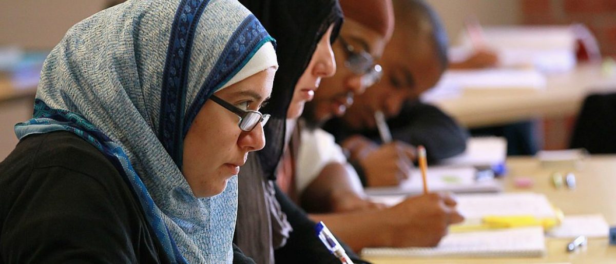 BERKELEY, CA - AUGUST 30: Leenah Safi (L) looks on during a lecture at Zaytuna College August 30, 2010 in Berkeley, California. Zaytuna College opened its doors on August 24th and hopes to become the first accredited four-year Islamic college in the United States. The school was founded by three Muslim-American scolars and offers degrees in Islamic law, theology and Arabic languages. Fifteen students are enrolled in the inaugural class and the school hopes to increase that number to 2,200 within ten years. (Photo by Justin Sullivan/Getty Images)
