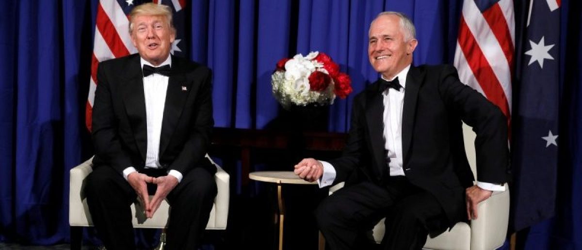 U.S. President Donald Trump meets with Australia's Prime Minister Malcolm Turnbull ahead of an event commemorating the 75th anniversary of the Battle of the Coral Sea, aboard the USS Intrepid Sea, Air and Space Museum in New York, U.S. May 4, 2017. REUTERS/Jonathan Ernst