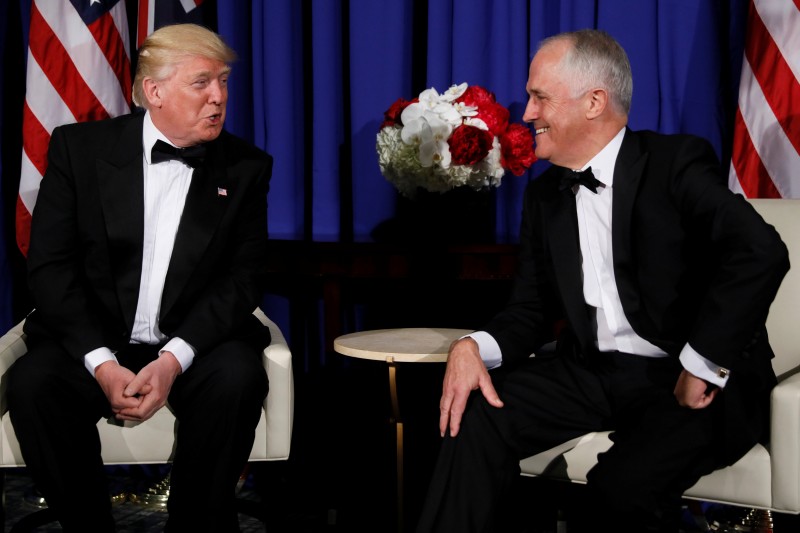 U.S. President Donald Trump (L) and Australia's Prime Minister Malcolm Turnbull (R) deliver brief remarks to reporters as they meet ahead of an event commemorating the 75th anniversary of the Battle of the Coral Sea, aboard the USS Intrepid Sea, Air and Space Museum in New York, U.S. May 4, 2017. REUTERS/Jonathan Ernst
