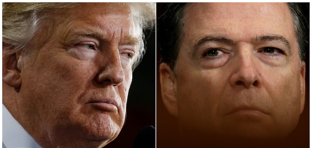 U.S. President Donald Trump (L) speaks in Ypilanti Township, Michigan March 15, 2017 and FBI Director James Comey testifies before a Senate Judiciary Committee hearing in Washington, D.C., May 3, 2017 in a combination of file photos. REUTERS/Jonathan Ernst/Kevin Lamarque/File Photos - RTX36NXD