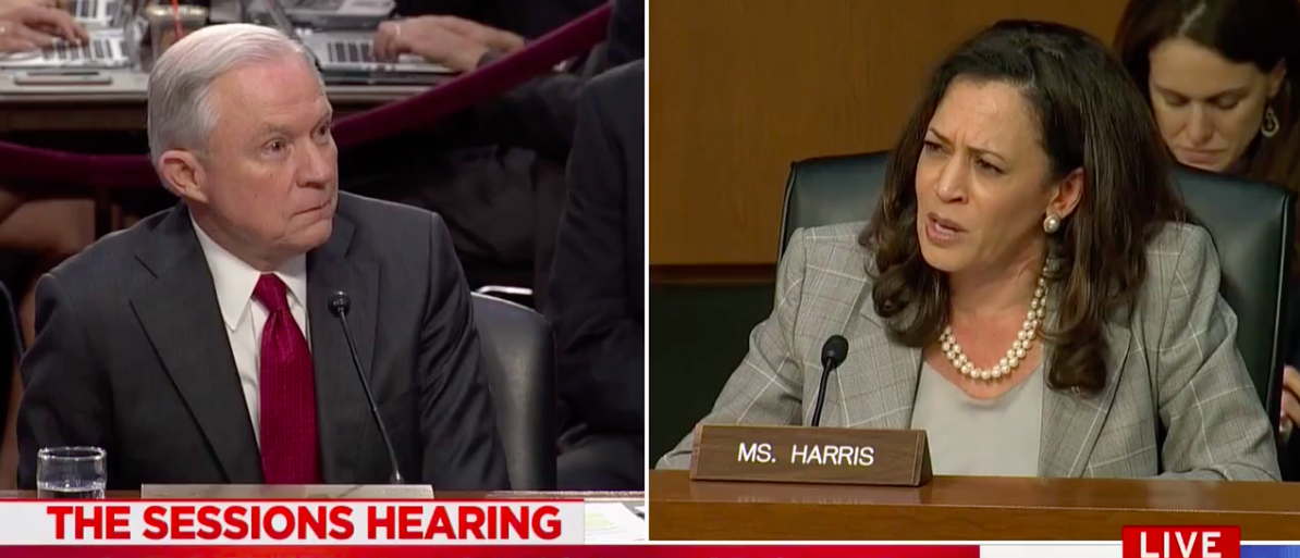 Screen Shot Kamala Harris And Jeff Sessions At Senate Intel Hearing (MSNBC: June 13, 2017)
