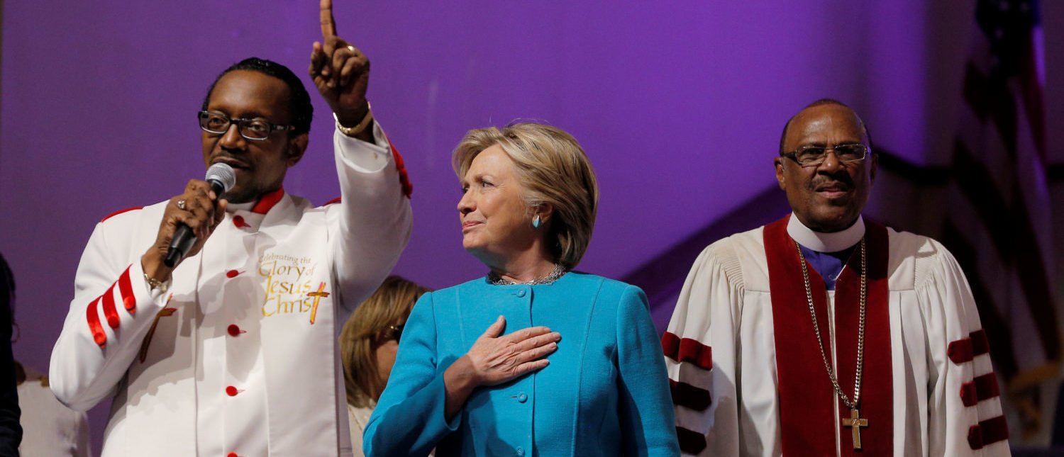 U.S. Democratic presidential nominee Hillary Clinton reacts as she is introduced during services at Mt. Airy Church of God in Christ in Philadelphia, Pennsylvania, U.S. November 6, 2016.  (Photo: REUTERS/Brian Snyder )