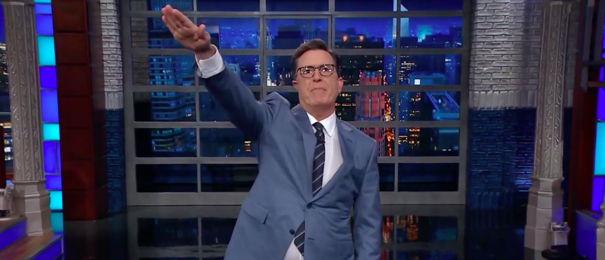 Screen Shot Stephen Colbert Nazi Salute (CBS: Sep 8, 2017)