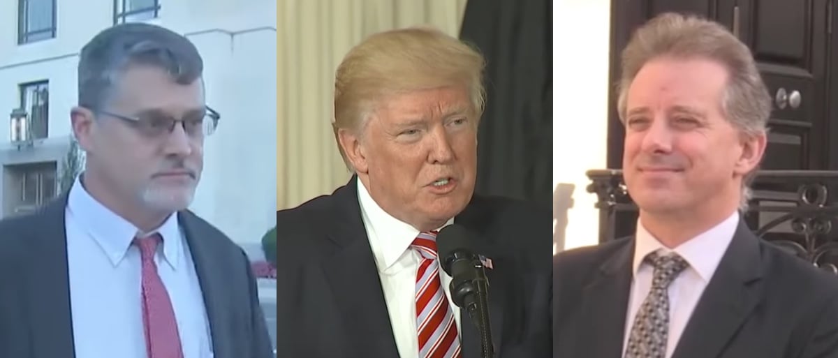 Fusion GPS co-founder Glenn Simpson (left); President Donald Trump (center); Ex-MI6 agent Christopher Steele (right). 
