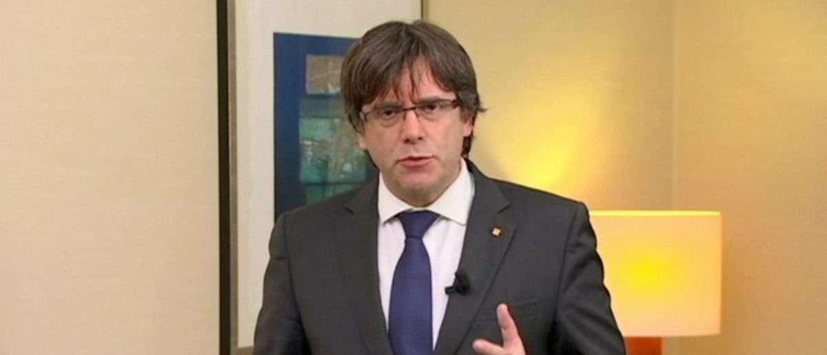 Sacked Catalan President Carles Puigdemont makes a statement in this still image from video calling for the release of "the legitimate government of Catalonia", after a Spanish judge ordered nine Catalan secessionist leaders to be held in custody pending a potential trial over the region's independence push, in Brussels, Belgium, November 2, 2017. TV3 via REUTERS TV 