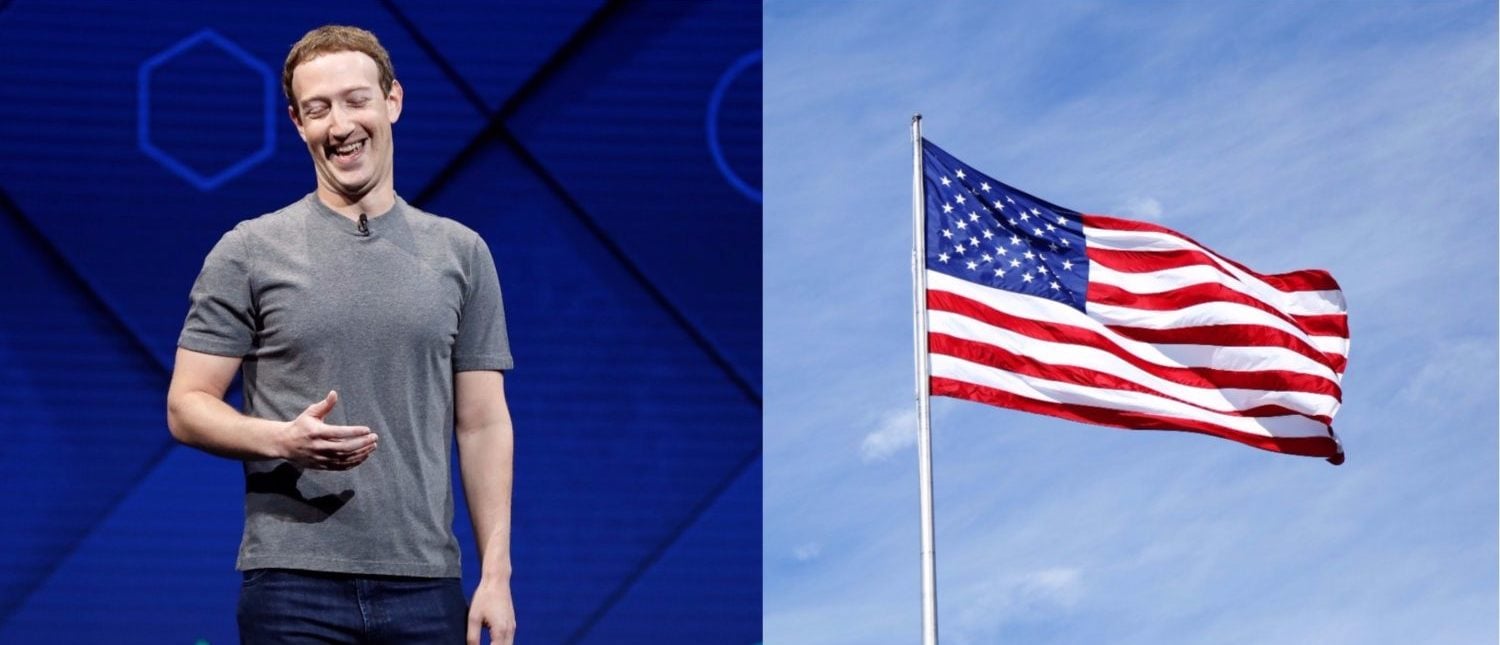 Left: Facebook Founder and CEO Mark Zuckerberg speaks on stage during the annual Facebook F8 developers conference in San Jose, California, U.S., April 18, 2017. [REUTERS/Stephen Lam]
Right: The American flag.
 [Shutterstock/Leonard Zhukovsky]