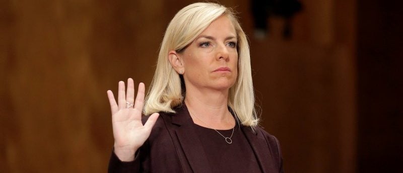 FILE PHOTO: Kirstjen Nielsen is sworn in before testifying to the Senate Homeland Security and Governmental Affairs Committee on her nomination to be secretary of the Department of Homeland Security (DHS) in Washington, U.S. on November 8, 2017. REUTERS/Joshua Roberts/File Photo