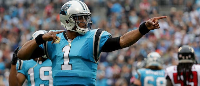 Cam Newton #1 of the Carolina Panthers reacts after a play against the Atlanta Falcons during their game at Bank of America Stadium on November 5, 2017 in Charlotte, North Carolina.  (Photo by Streeter Lecka/Getty Images)