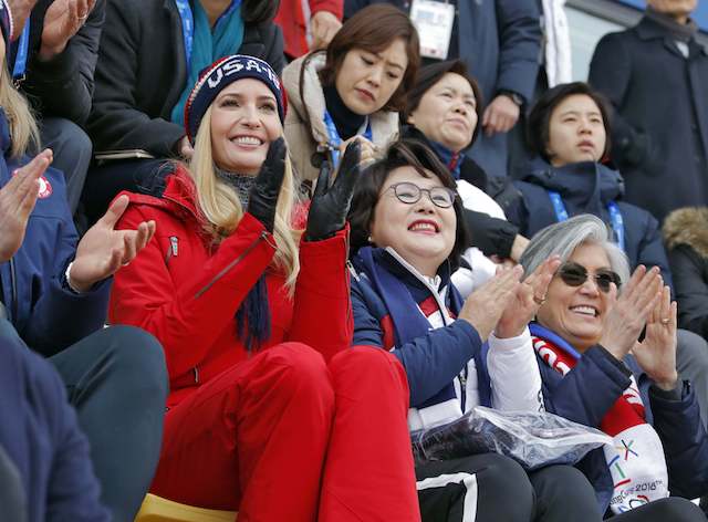 PYEONGCHANG, CHINA - FEBRUARY 24: Ivanka Trump, U.S. President Trump's daughter and senior White House adviser, cheers during the Men's Big Air Finals of the PyeongChang 2018 Winter Olympic Games at the Alpensia Ski Jumping Centre on February 24, 2018 in Gangneung, Pyeongchang, South Korea. (Photo by Eric Gaillard-Pool/Getty Images)