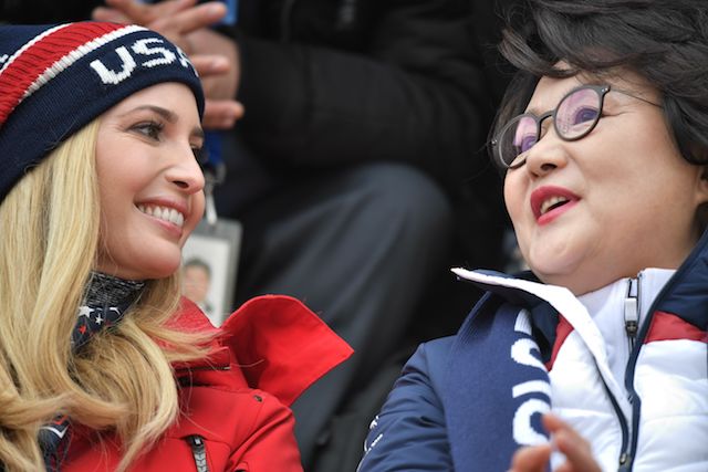U.S. President's daughter and senior White House adviser, Ivanka Trump and Korean First Lady Kim Jung-sook (R) attend the final of the men's snowboard big air event at the Alpensia Ski Jumping Centre during the Pyeongchang 2018 Winter Olympic Games on February 24, 2018 in Pyeongchang. / AFP PHOTO / POOL / Ed JONES (Photo credit should read ED JONES/AFP/Getty Images)