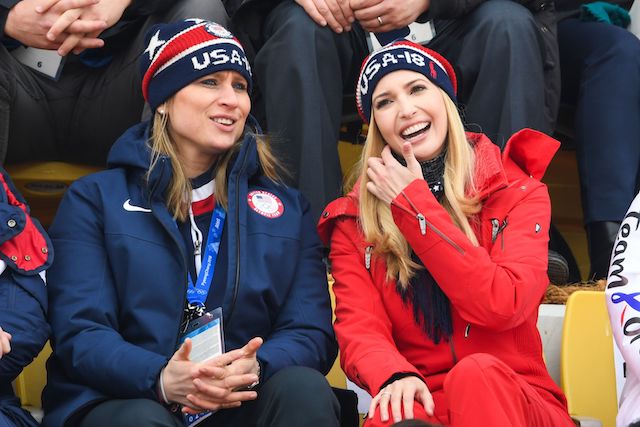 Ivanka Trump (R)and US IOC member Angela Ruggiero (L) watch the final of the men's snowboard big air event at the Alpensia Ski Jumping Centre during the Pyeongchang 2018 Winter Olympic Games on February 24, 2018 in Pyeongchang. / AFP PHOTO / FRANCK FIFE (Photo credit should read FRANCK FIFE/AFP/Getty Images)