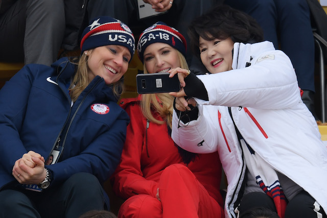 PYEONGCHANG-GUN, SOUTH KOREA - FEBRUARY 24: (L-R) IOC executive board member Angela Ruggiero, Ivanka Trump and South Korean first lady Kim Jung-sook attend the Snowboard - Men's Big Air Final on February 24, 2018 in Pyeongchang-gun, South Korea. Ivanka Trump is on a four-day visit to South Korea to attend the closing ceremony of the PyeongChang Winter Olympics. (Photo by Carl Court/Getty Images)