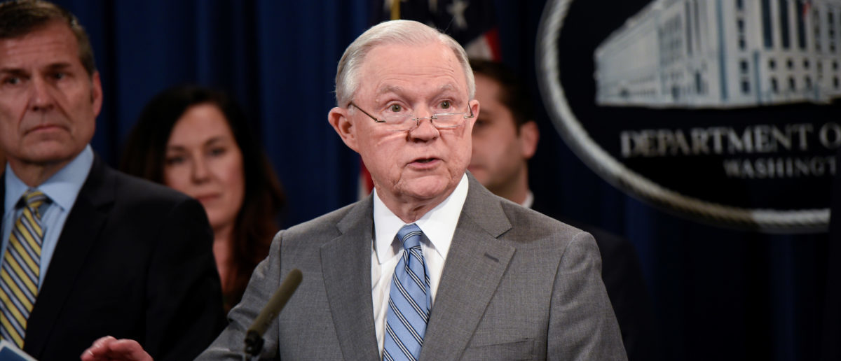 U.S. Attorney General Jeff Sessions speaks during a news conference at the Department of Justice in Washington, U.S., February 22, 2018. REUTERS/Sait Serkan Gurbuz 