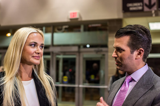 WEST DES MOINES, IA - FEBRUARY 1: Donald Trump Jr. (R) and his wife Vanessa Trump greet Republican caucus-goers in precinct 317 at Valley Church ahead of the party caucus on February 1, 2016 in West Des Moines, Iowa. The Democratic and Republican Iowa Caucuses, the first step in nominating a presidential candidate from each party, take place today. (Photo by Brendan Hoffman/Getty Images)