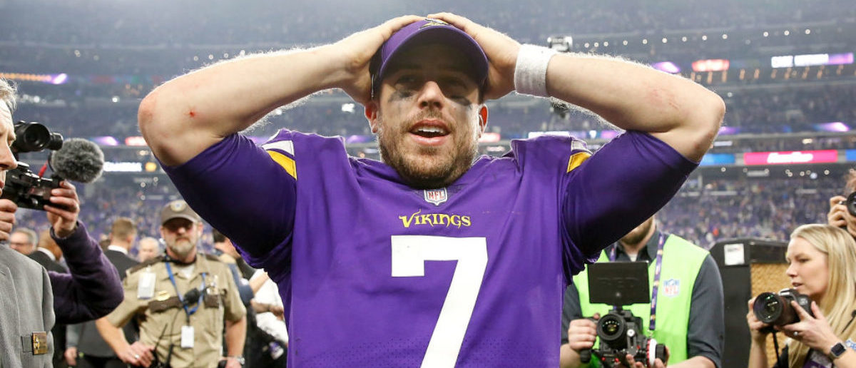 MINNEAPOLIS, MN - JANUARY 14:  Case Keenum #7 of the Minnesota Vikings celebrates after defeating the New Orleans Saints in the NFC Divisional Playoff game at U.S. Bank Stadium on January 14, 2018 in Minneapolis, Minnesota.  (Photo by Jamie Squire/Getty Images)