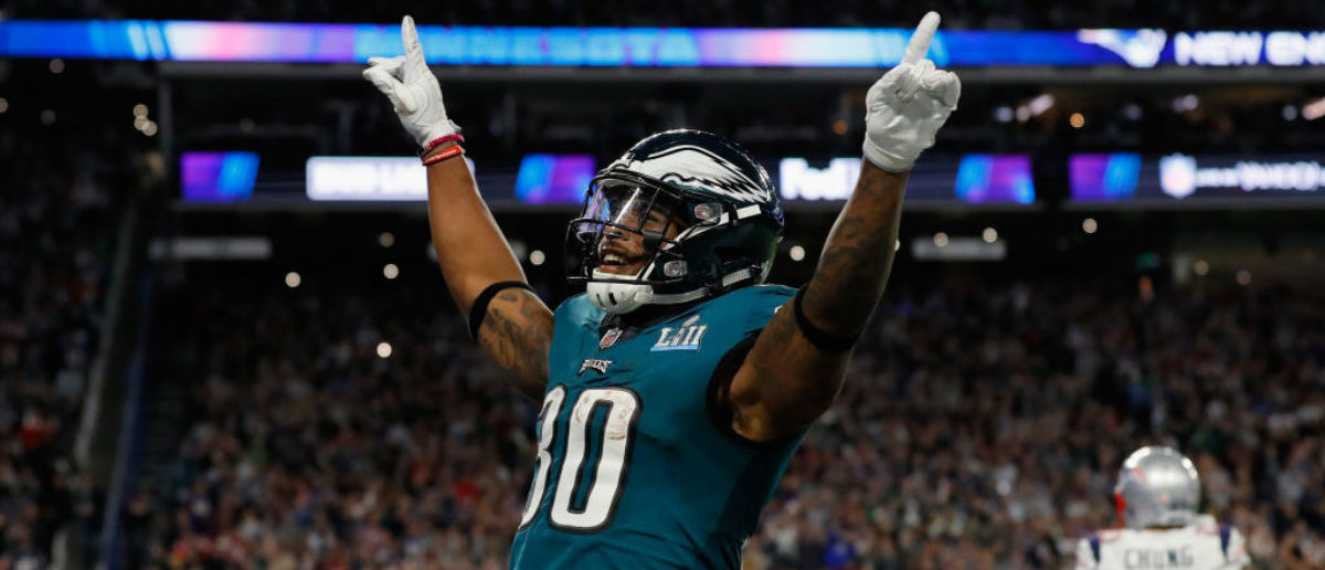 MINNEAPOLIS, MN - FEBRUARY 04:  Corey Clement #30 of the Philadelphia Eagles celebrates the play against the New England Patriots during the second quarter in Super Bowl LII at U.S. Bank Stadium on February 4, 2018 in Minneapolis, Minnesota.  (Photo by Kevin C. Cox/Getty Images)