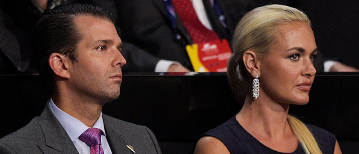 CLEVELAND, OH - JULY 21:  Donald Trump Jr. along with his wife Vanessa Trump, attend the evening session on the fourth day of the Republican National Convention on July 21, 2016 at the Quicken Loans Arena in Cleveland, Ohio. Republican presidential candidate Donald Trump received the number of votes needed to secure the party's nomination. An estimated 50,000 people are expected in Cleveland, including hundreds of protesters and members of the media. The four-day Republican National Convention kicked off on July 18.  (Photo by Jeff Swensen/Getty Images)