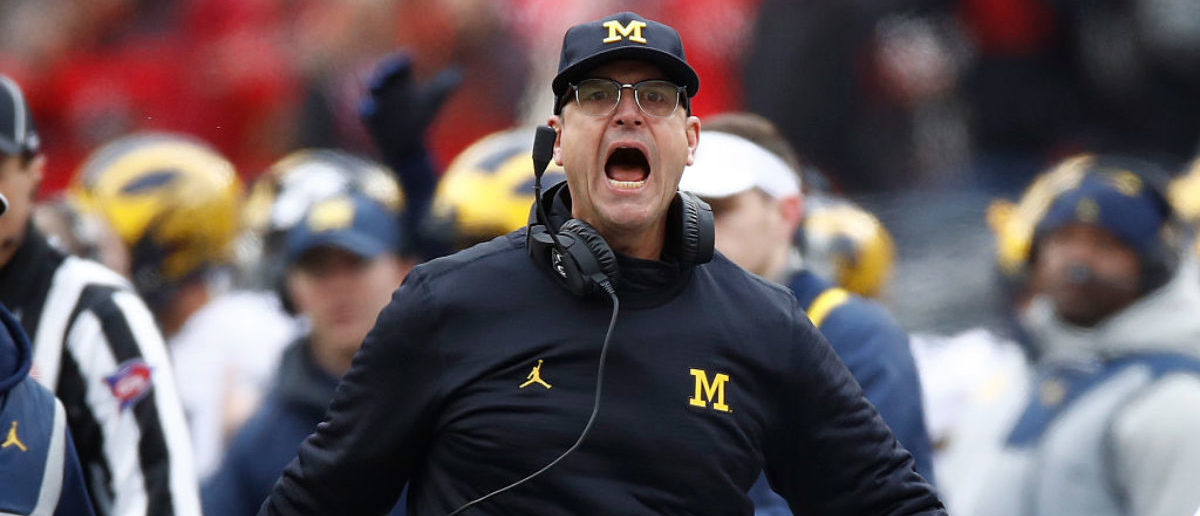 Head coach Jim Harbaugh of the Michigan Wolverines argues a call on the sideline during the first half against the Ohio State Buckeyes at Ohio Stadium on November 26, 2016 in Columbus, Ohio. (Photo by Gregory Shamus/Getty Images)