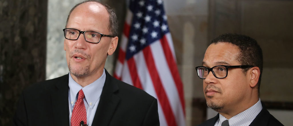 WASHINGTON, DC - FEBRUARY 28: New DNC Chair, Tom Perez (L) and Deputy Chair and Rep. Keith Ellison (D-MN) do a television interview in Statuary Hall at the U.S. Capitol before President Donald Trump delivers a speech to a joint session of Congress on February 28, 2017 in Washington, DC. (Photo by Mark Wilson/Getty Images)