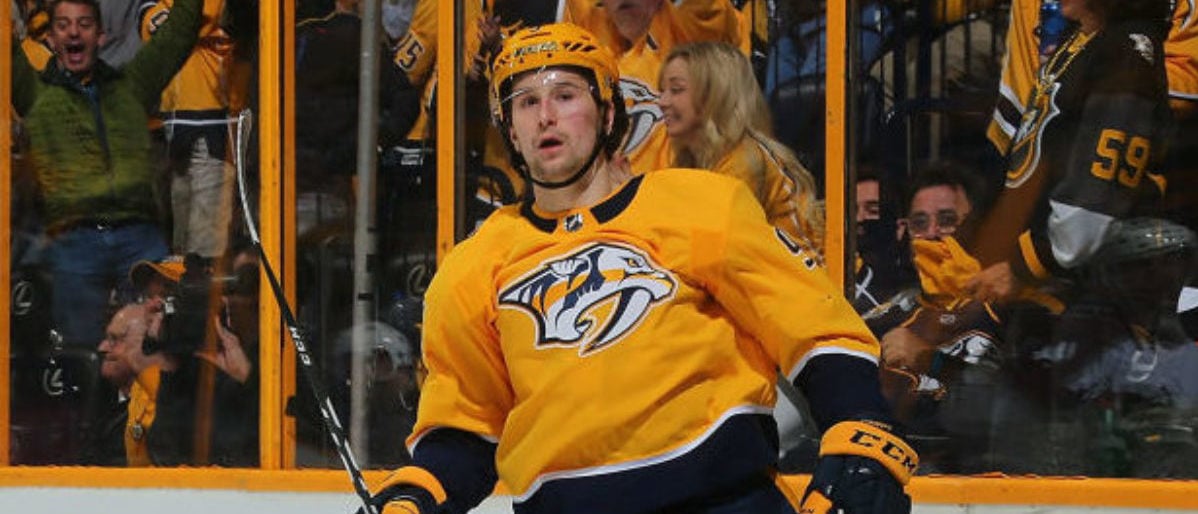 NASHVILLE, TN - APRIL 12:  Filip Forsberg #9 of the Nashville Predators reacts after scoring a goal against the Colorado Avalanche during the third period of a 5-2 Predators victory in Game One of the Western Conference First Round during the 2018 NHL Stanley Cup Playoffs at Bridgestone Arena on April 12, 2018 in Nashville, Tennessee.  (Photo by Frederick Breedon/Getty Images)