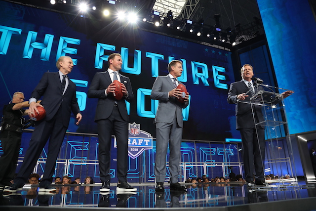 Apr 26, 2018; Arlington, TX, USA; NFL commissioner Roger Goodell starts the 2018 Draft with (from left) Roger Staubach Jason Witten and Troy Aikman to start the first round of the 2018 NFL Draft at AT&T Stadium. Mandatory Credit: Matthew Emmons-USA TODAY Sports - 10806257