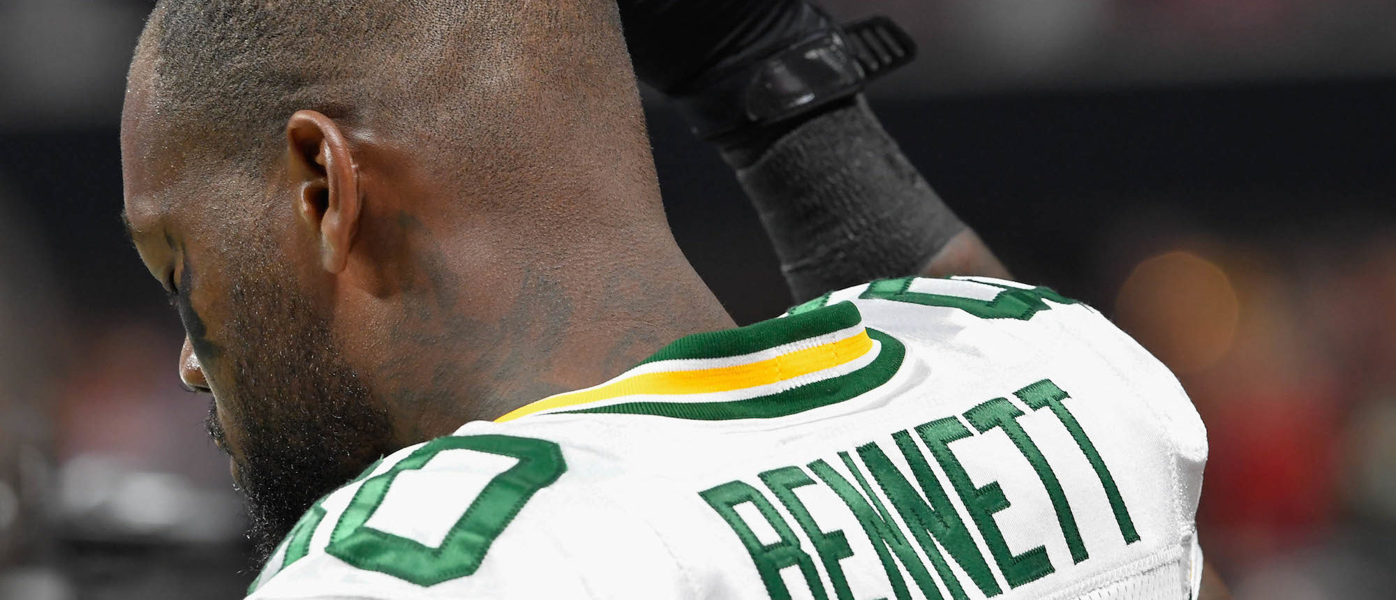 Green Bay Packers tight end Martellus Bennett shown during the National Anthem before the game against the Atlanta Falcons at Mercedes-Benz Stadium in Atlanta, Sept. 17, 2017. Photo: Dale Zanine-USA TODAY Sports