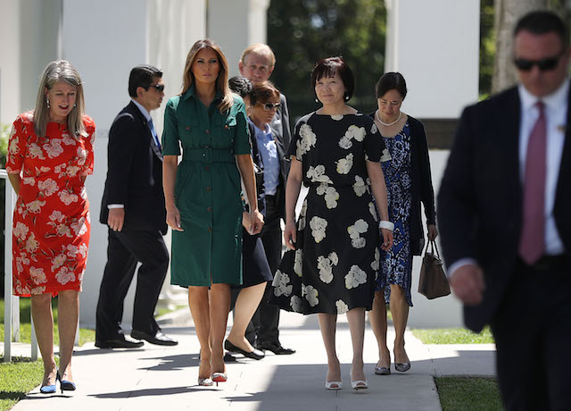 PALM BEACH, FL - APRIL 18: U.S. first lady Melania Trump and Japan's first lady Akie Abe are given a tour of the Flagler museum by Erin Manning (L), executive director of the Museum, on April 18, 2018 in Palm Beach, Florida. The first ladies accompanied their husbands U.S. President Donald Trump and Japan's Prime Minister Shinzo Abe to Palm Beach. (Photo by Joe Raedle/Getty Images)