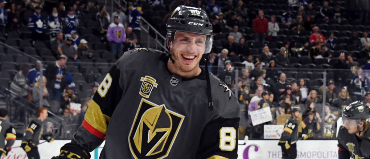 LAS VEGAS, NV - DECEMBER 31:  Nate Schmidt #88 of the Vegas Golden Knights smiles as he warms up before a game against the Toronto Maple Leafs at T-Mobile Arena on December 31, 2017 in Las Vegas, Nevada. The Golden Knights won 6-3.  (Photo by Ethan Miller/Getty Images)