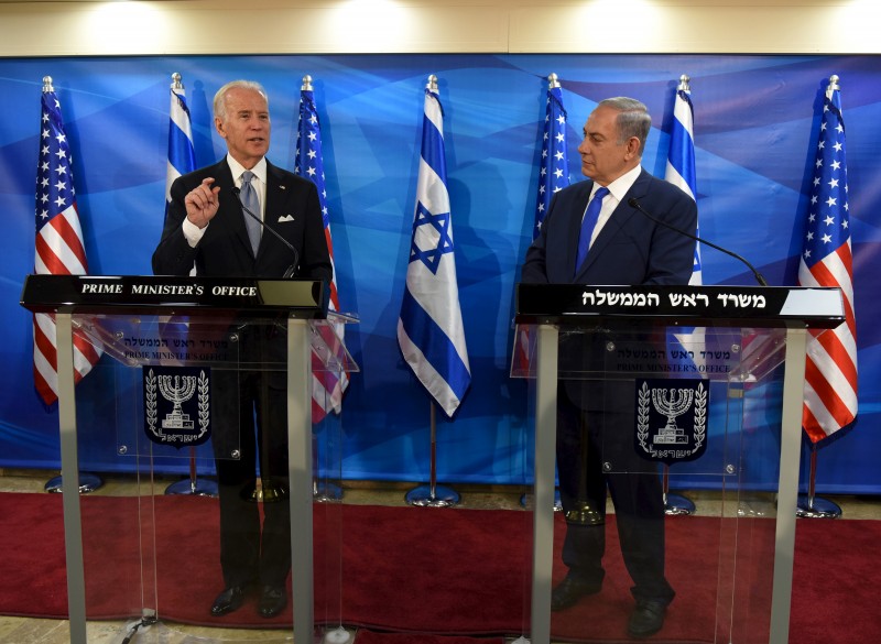 Then-Vice President Joe Biden speaks as he delivers a joint statement with Israeli Prime Minister Benjamin Netanyahu during their meeting in Jerusalem March 9, 2016. (REUTERS/Debbie Hill/Pool)