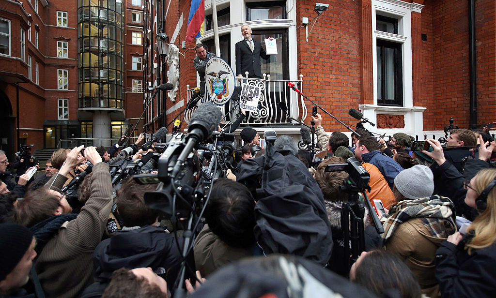 Wikileaks founder Julian Assange speaks from the balcony of the Ecuadorian Embassy (Getty Images)