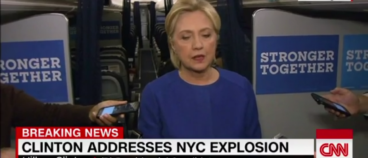 Hillary Clinton addresses the media regarding the dumpster bomb in Manhattan. [CNN screengrab/https://twitter.com/CNNPolitics/status/777354506963185665]