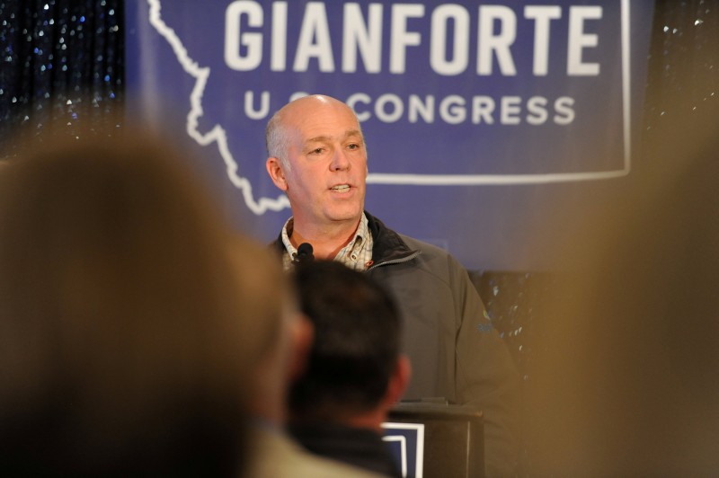 FILE PHOTO - Representative elect Greg Gianforte delivers his victory speech during a special congressional election called after former Rep. Ryan Zinke was appointed to lead the Interior Department, in Bozeman, Montana, U.S. on May 25, 2017. REUTERS/Colter Peterson/File Photo