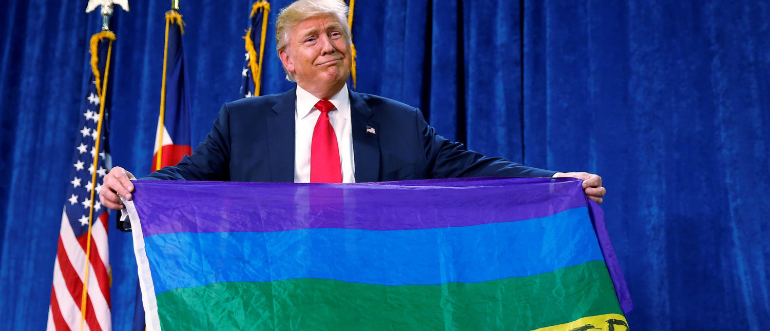Republican presidential nominee Donald Trump holds up a rainbow flag with "LGBTs for TRUMP" written on it at a campaign rally in Greeley, Colorado, U.S. October 30, 2016. REUTERS/Carlo Allegri