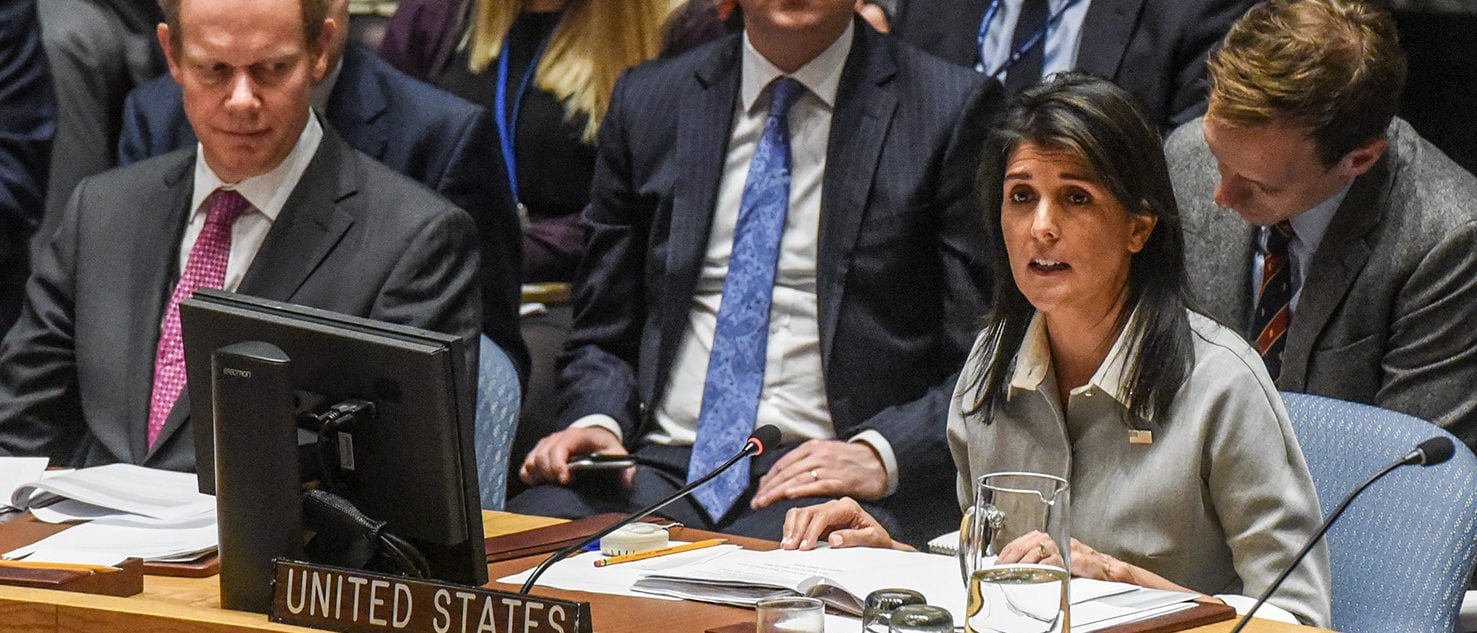 U.S. Ambassador to the United Nations Nikki Haley delivers a speech during a United Nations Security Council meeting on the situation in Palestine at the United Nations headquarters on December 8, 2017 in New York City. Deadly clashes broke out in Jerusalem and the West Bank after US President Donald Trump's decision to recognize Jerusalem as the capital of Israel. (Photo by Stephanie Keith/Getty Images)