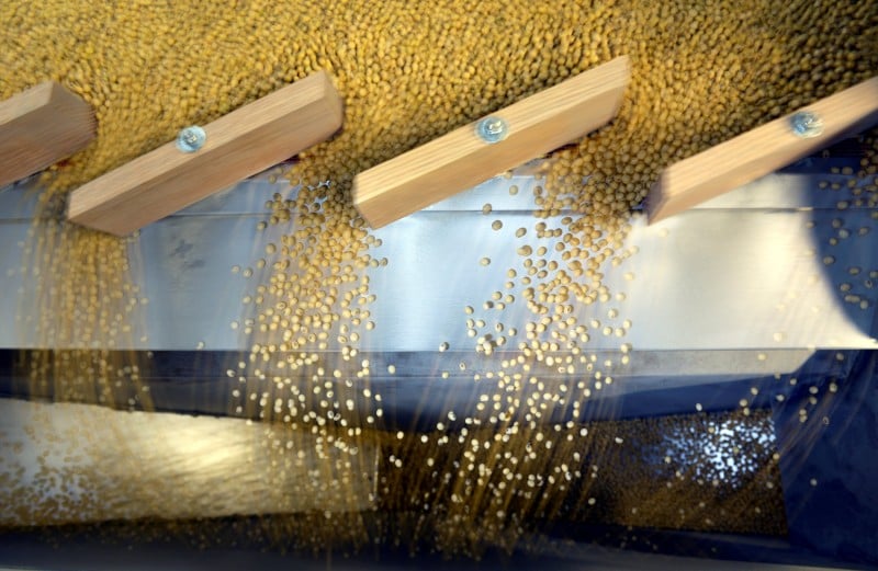 FILE PHOTO: Soybeans being sorted according to their weight and density on a gravity sorter machine at Peterson Farms Seed facility in Fargo