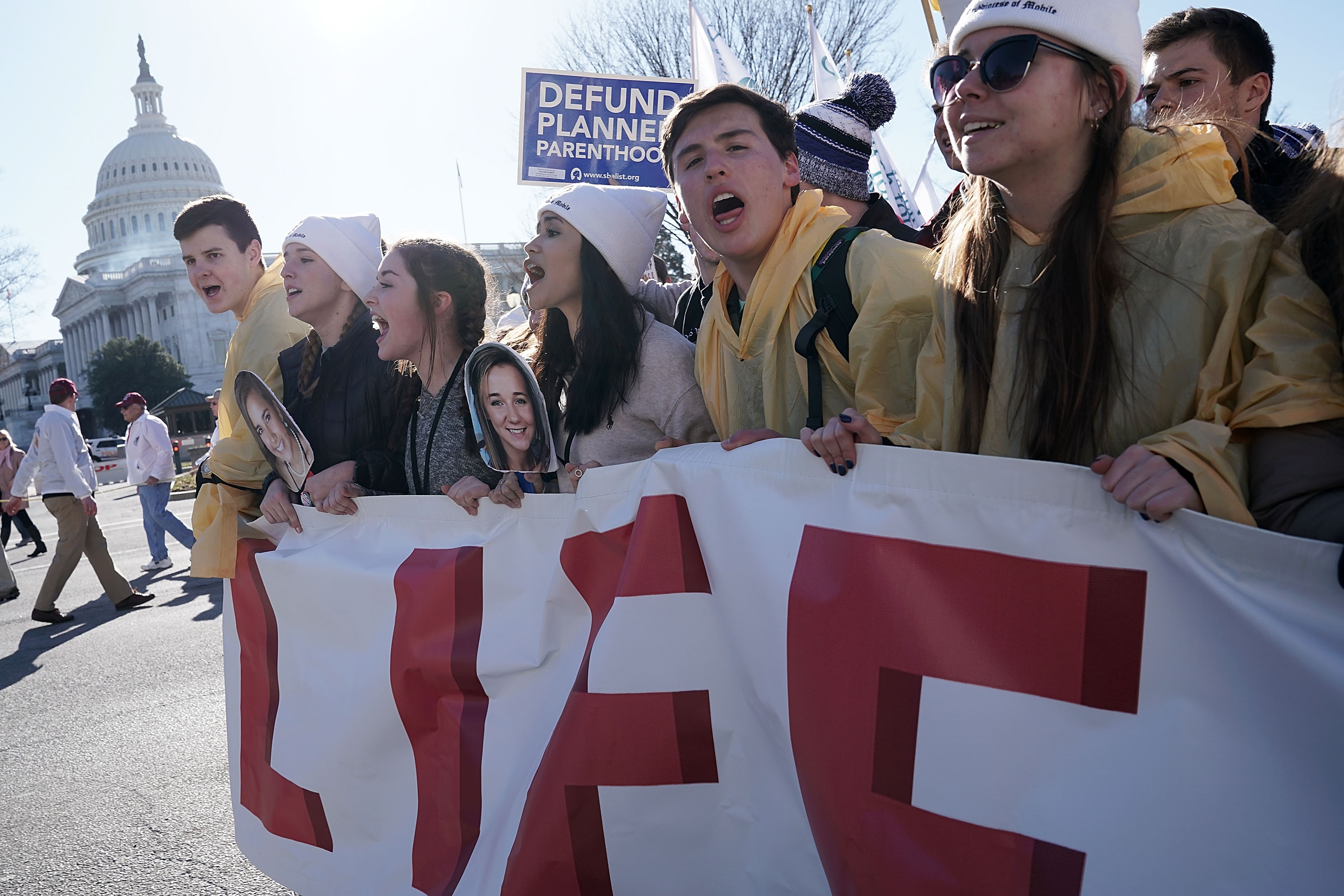 Pro-life activists participate in the 2018 March for Life as they pass in front of the U.S. Capitol January 19, 2018 in Washington, DC. Activists gathered in the nation's capital for the annual event to protest the anniversary of the Supreme Court Roe v. Wade ruling that legalized abortion in 1973. (Photo by Alex Wong/Getty Images)