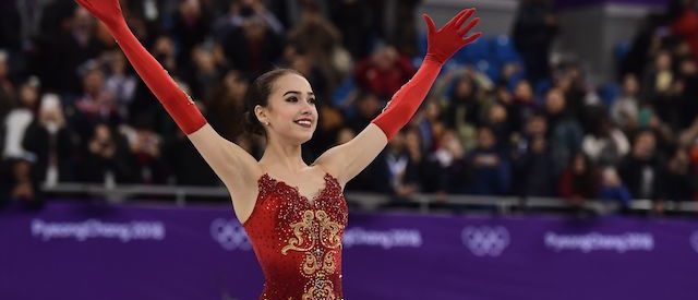 TOPSHOT - Russia's Alina Zagitova reacts after before the venue ceremony after the women's single skating free skating of the figure skating event during the Pyeongchang 2018 Winter Olympic Games at the Gangneung Ice Arena in Gangneung on February 23, 2018. / AFP PHOTO / ARIS MESSINIS        (Photo credit should read ARIS MESSINIS/AFP/Getty Images)