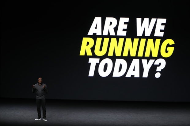 SAN FRANCISCO, CA - SEPTEMBER 07: Nike President Trevor Edwards speaks on stage during an Apple launch event on September 7, 2016 in San Francisco, California. Apple Inc. unveiled the latest iterations of its smart phone, the iPhone 7 and 7 Plus, the Apple Watch Series 2, as well as AirPods, the tech giant's first wireless headphones. (Photo by Stephen Lam/Getty Images)