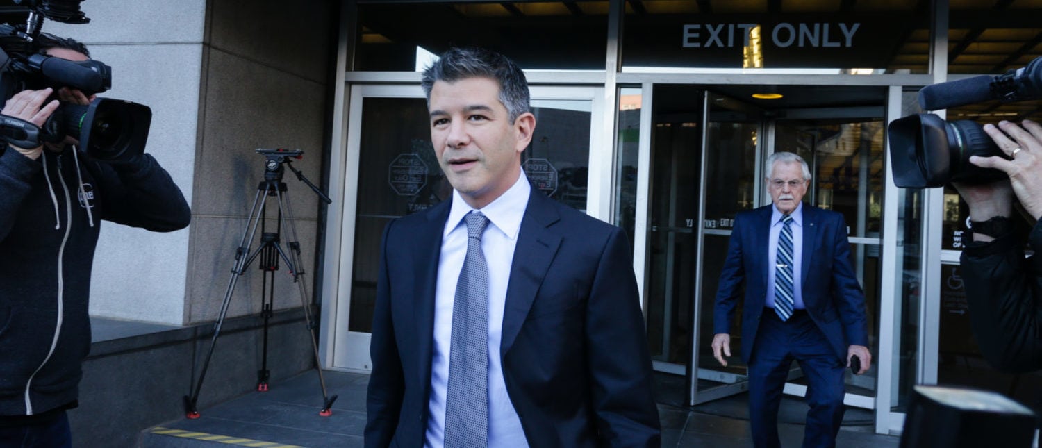 SAN FRANCISCO, CA - FEBRUARY 6: Former Uber CEO Travis Kalanick leaves the Philip Burton Federal Building after testifying on day two of the trial between Waymo and Uber Technologies on February 6, 2018 in San Francisco, California. Waymo, an autonomous car subsidiary owned by Google's parent company Alphabet, has accused Uber of theft of trade secrets relating to its self-driving vehicle development. Waymo alledges one of its former employees, Anthony Levandowski, illegally downloaded 14,000 confidential documents before leaving to start his own self-driving car company, Otto, which was acquired shortly thereafter by Uber for a reported $680 million. (Photo by Elijah Nouvelage/Getty Images)