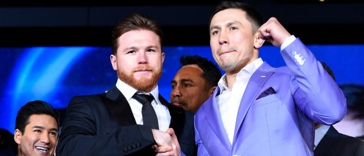 LOS ANGELES, CA - FEBRUARY 27: Boxers Canelo Alvarez (L) and Gennady Golovkin pose during a news conference at Microsoft Theater at L.A. Live to announce their upcoming rematch on February 27, 2018 in Los Angeles, California. (Photo by Kevork Djansezian/Getty Images)