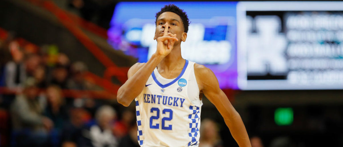 BOISE, ID - MARCH 17:  Shai Gilgeous-Alexander #22 of the Kentucky Wildcats gestures during the first half against the Buffalo Bulls in the second round of the 2018 NCAA Men's Basketball Tournament at Taco Bell Arena on March 17, 2018 in Boise, Idaho.  (Photo by Kevin C. Cox/Getty Images)