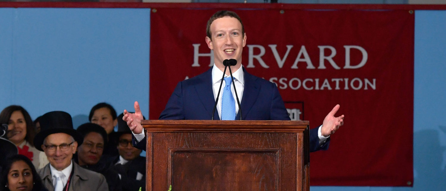 CAMBRIDGE, MA - MAY 25:  Facebook Founder and CEO Mark Zuckerberg delivers the commencement address at the Alumni Exercises at Harvard's 366th commencement exercises on May 25, 2017 in Cambridge, Massachusetts. Zuckerberg studied computer science at Harvard before leaving to move Facebook to Paolo Alto, CA. He returned to the campus this week to his former dorm room and live streamed his visit.  (Photo by Paul Marotta/Getty Images)