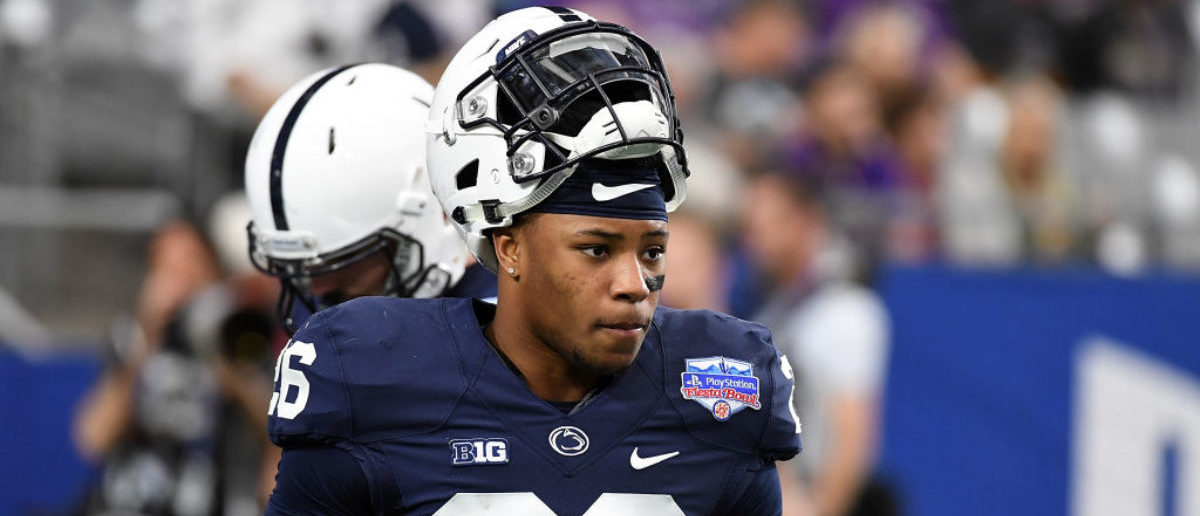 GLENDALE, AZ - DECEMBER 30:  Saquon Barkley #26 of Penn State Nittany Lions prepares for a game against the Washington Huskies during the Playstation Fiesta Bowl at University of Phoenix Stadium on December 30, 2017 in Glendale, Arizona.  (Photo by Norm Hall/Getty Images)