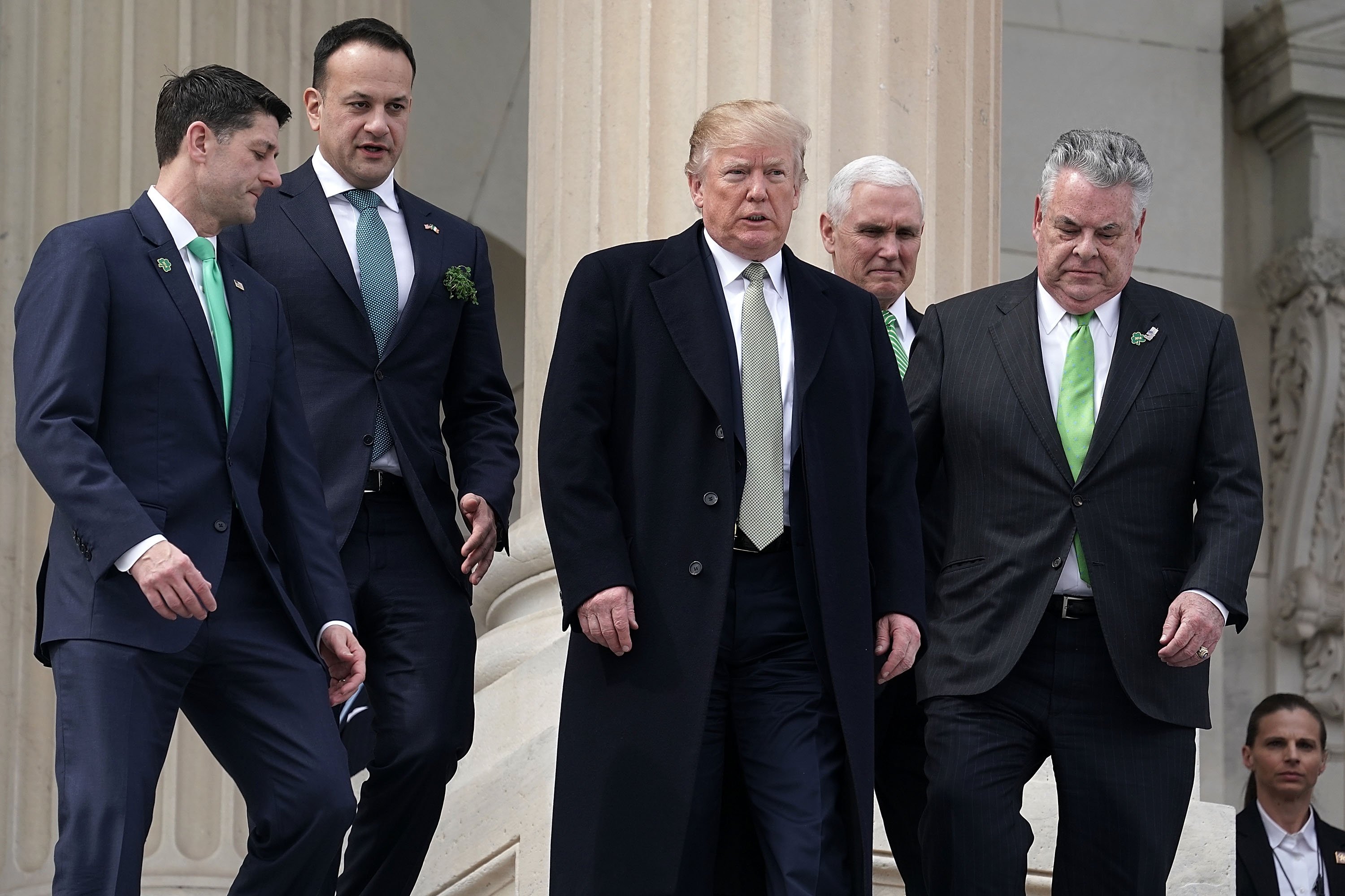 WASHINGTON, DC - MARCH 15: (L-R) U.S. Speaker of the House Rep. Paul Ryan (R-WI), Irish Taoiseach Leo Varadkar , President Donald Trump, U.S. Vice President Mike Pence, and U.S. Rep. Peter King (R-NY) walk down the House steps at the Capitol after the Friends of Ireland luncheon March 15, 2018 on Capitol Hill in Washington, DC. Trump and Varadkar attended the annual luncheon hosted by Speaker Ryan, to commemorate St. Patrick's Day. (Photo by Alex Wong/Getty Images)