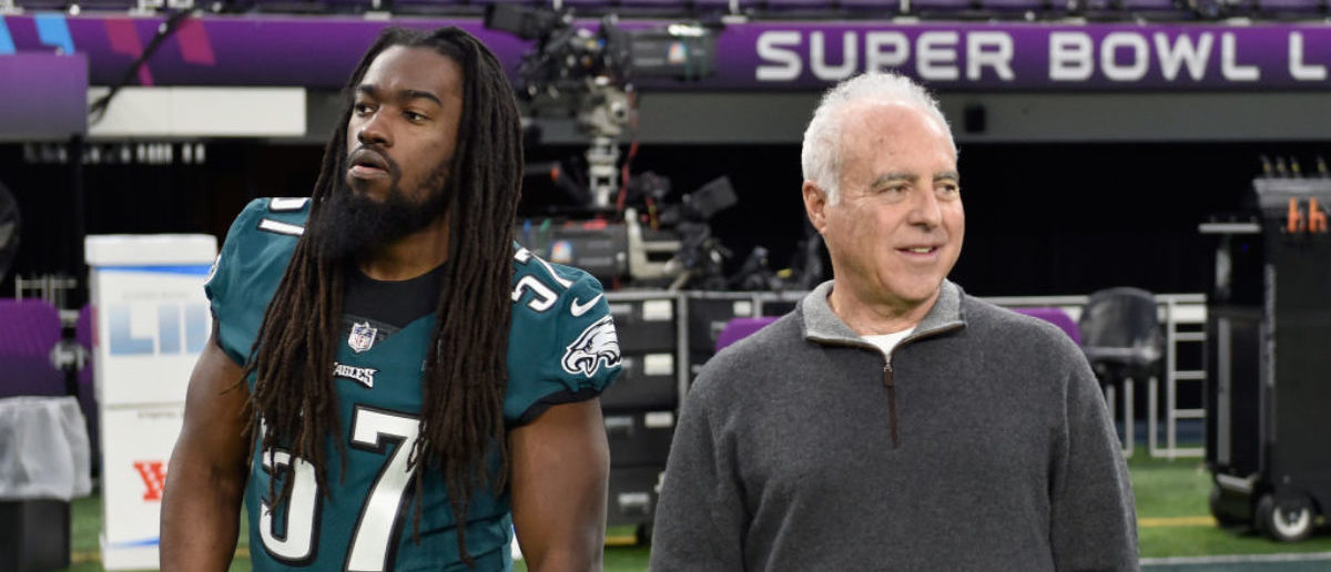 MINNEAPOLIS, MN - FEBRUARY 03: Dannell Ellerbe #57 of the Philadelphia Eagles and owner Jeffrey Lurie look on during Super Bowl LII practice on February 3, 2018 at US Bank Stadium in Minneapolis, Minnesota. The Philadelphia Eagles will face the New England Patriots in Super Bowl LII on February 4th. (Photo by Hannah Foslien/Getty Images)
